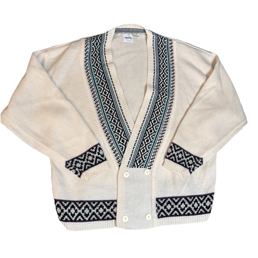 Vintage Code Zero Cardigan Sweater Knit White Black Geometric Colorful‎ XL